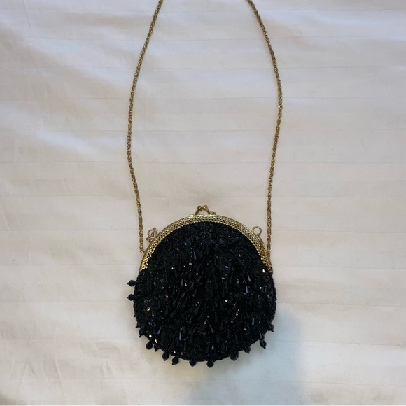 Handbags - Vintage Gold and Black Beaded Evening Bag